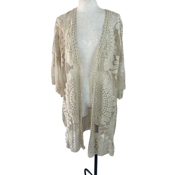 Blue Island Womens Cover Up Size Large Beige Swim Kimono Embroidered Floral New - Picture 2 of 8